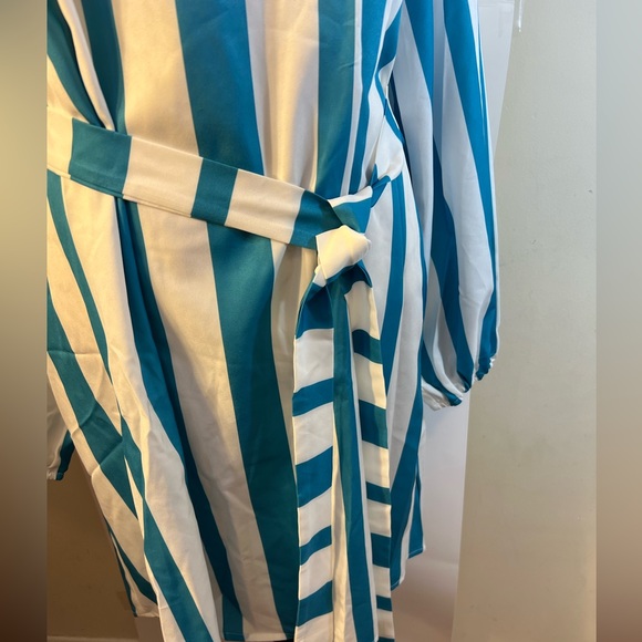 Women’s plus size teal blue & white striped belted long sleeve shirt dress XXL - Picture 2 of 12
